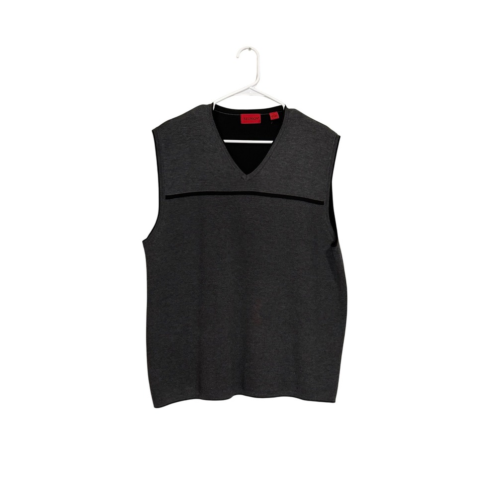 Reunion Mens V-Neck Sweater Vest Gray Black Stripe Business Casual Large